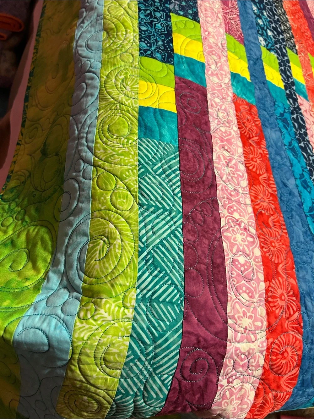 ONE OF A KIND- HANDCRAFTED Multicolor Strip Quilt - Vibrant Green, Blue & Pink